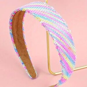 New boutique handmade iridescent sequins wide flexible headband rainbow